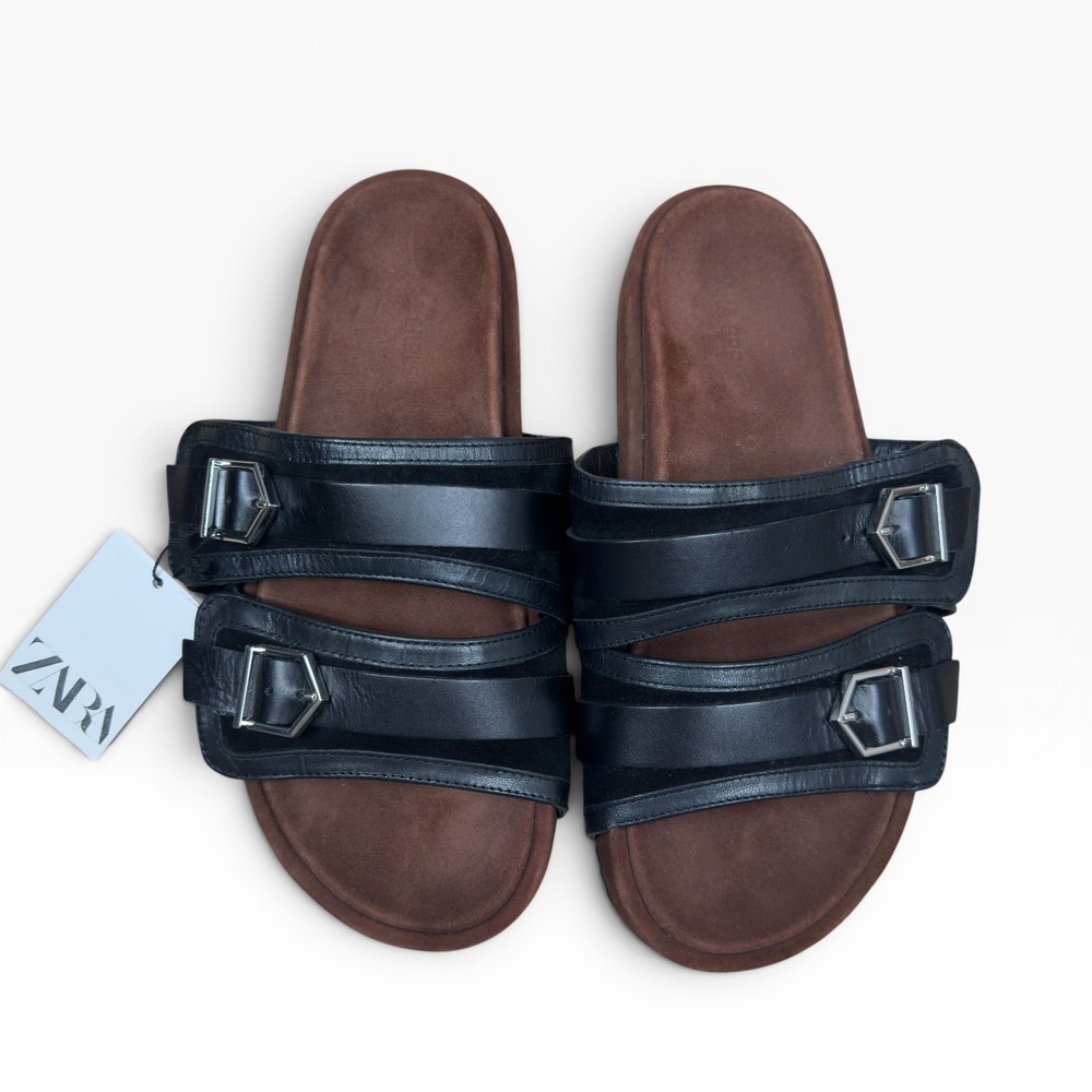 Zara Premium Leather Double Buckle Slide Sandals Women's US 9‎ EU 40 NWT $199 - Picture 1 of 7